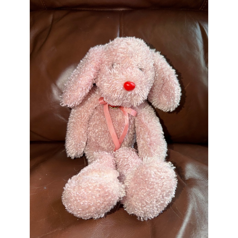 Vintage 1999 Commonwealth Pink Puppy Dog Shaggy Plush Red Nose Ribbon 7 inch